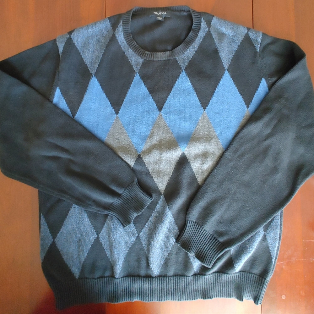 Nautica Men's Crewneck Sweater - Black, Blue, and Gray Argyle US XL (283)